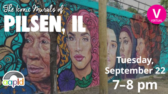 Mural depicting 5 faces of women, prominent figures in the Pilsen community. Event will be held virtually on Tuesday, September 22 from 7 to 8 p.m.