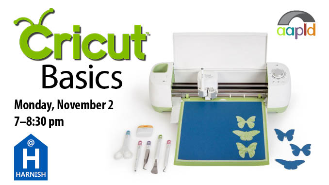 A white background, with an image of a Cricut machine on the right hand side. On the left, the image reads in green and black font, "Cricut Basics, Monday, November 2 from 7 to 8:30 p.m."