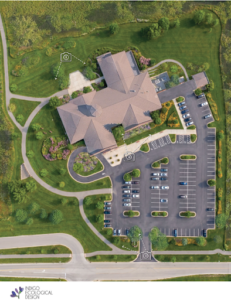 Overhead view of the Algonquin Library and parking lot