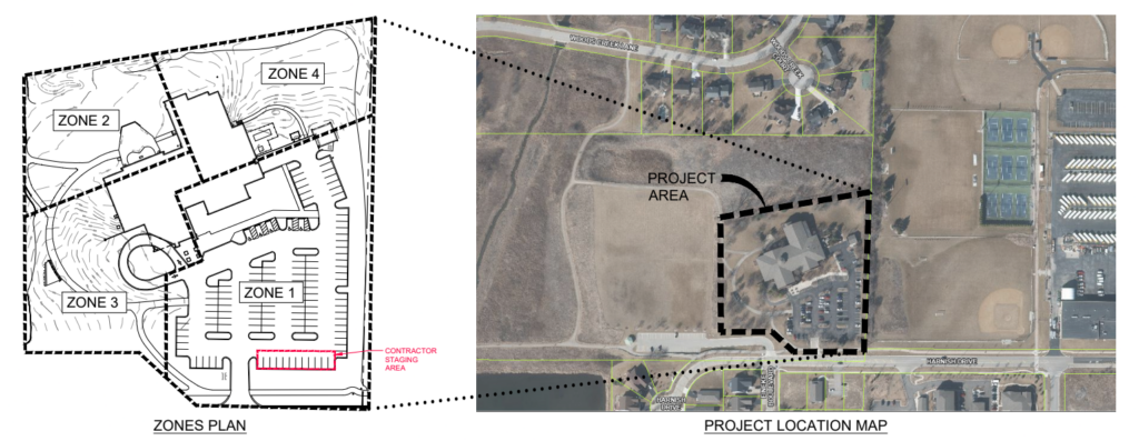 Aerial view of the library lot annotated with the four zones of the project