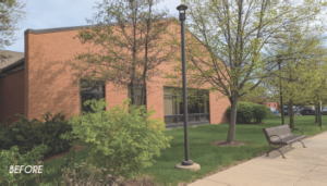Photo of the the front of the library prior to landscape work"