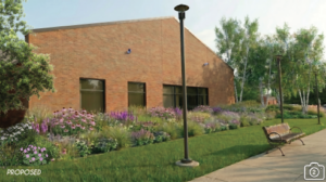 Conceptual rendering of the front of the library after landscape work"