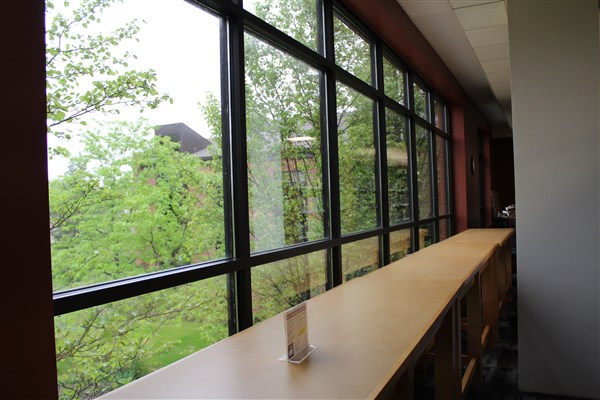 New counter-level tables with seating overlooking the backyard New counter-level tables with seating overlooking the backyard