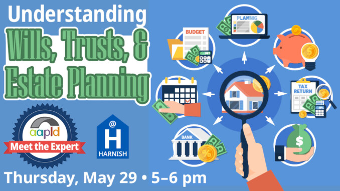 Join us at the Harnish Main Library on Thursday, May 29 from 5 to 6 PM for "Understanding Wills, Trusts, and Estate Planning"