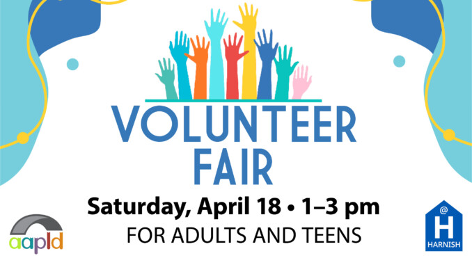 Join us at the Harnish Main Library on Saturday, April 18 from 1 to 3 PM for our Volunteer Fair for adults and teens