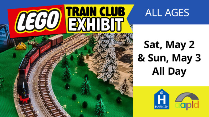 Join us for the LEGO train club exhibit on Saturday, May 2 & Sunday, May 3 all day at the Harnish Main Library